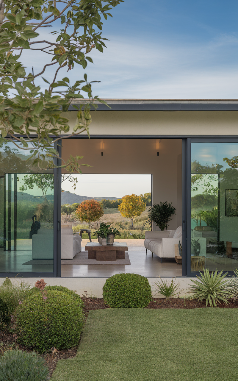 A modern living room flowing into a lush garden with large glass doors.