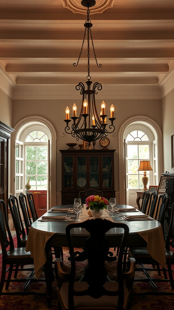 A dining room featuring a classic chandelier, a large round table, and elegant chairs, showcasing a Colonial style interior.