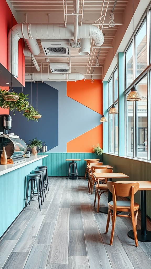 Interior of a colorful coffee shop with accent walls and modern seating.