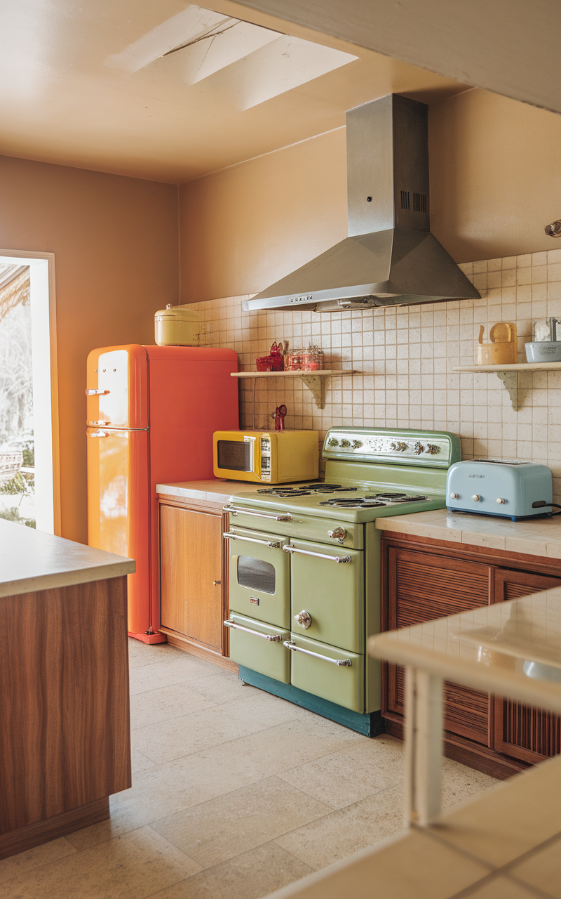 A colorful kitchen featuring a bright orange fridge, mint green stove, and other retro appliances.