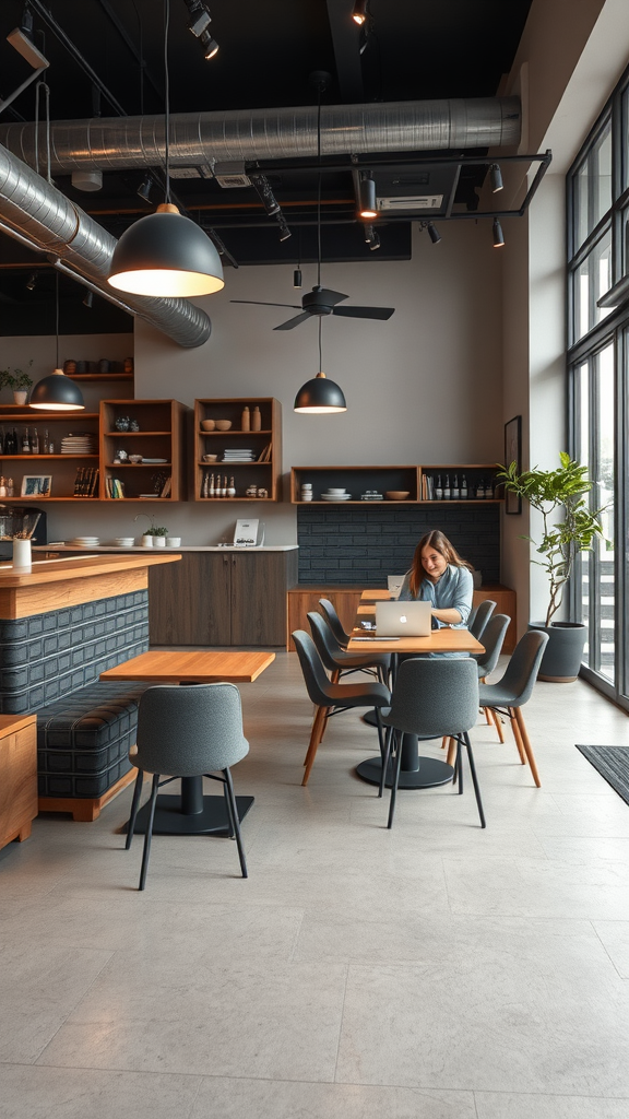 A cozy small coffee shop interior with a woman working on a laptop at a table.