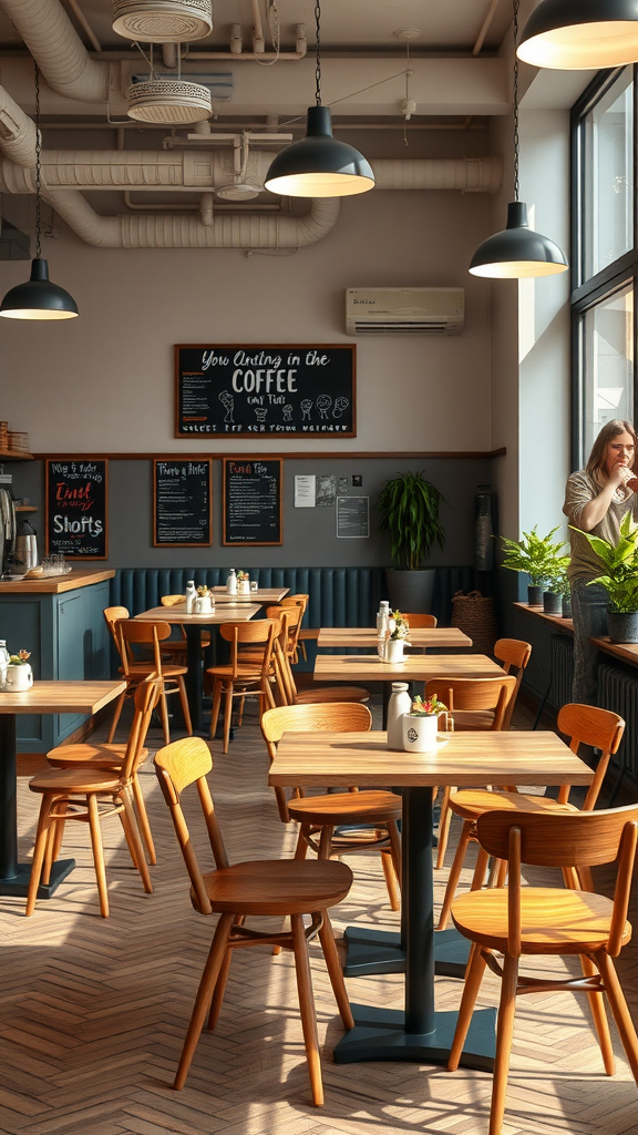 A cozy small coffee shop with wooden tables and chairs, featuring a chalkboard menu and plants by the window.