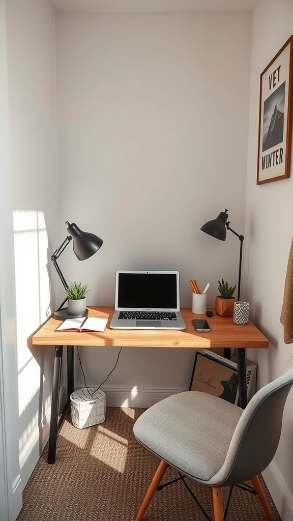 A compact home office setup featuring a small desk, laptop, and decorative elements.