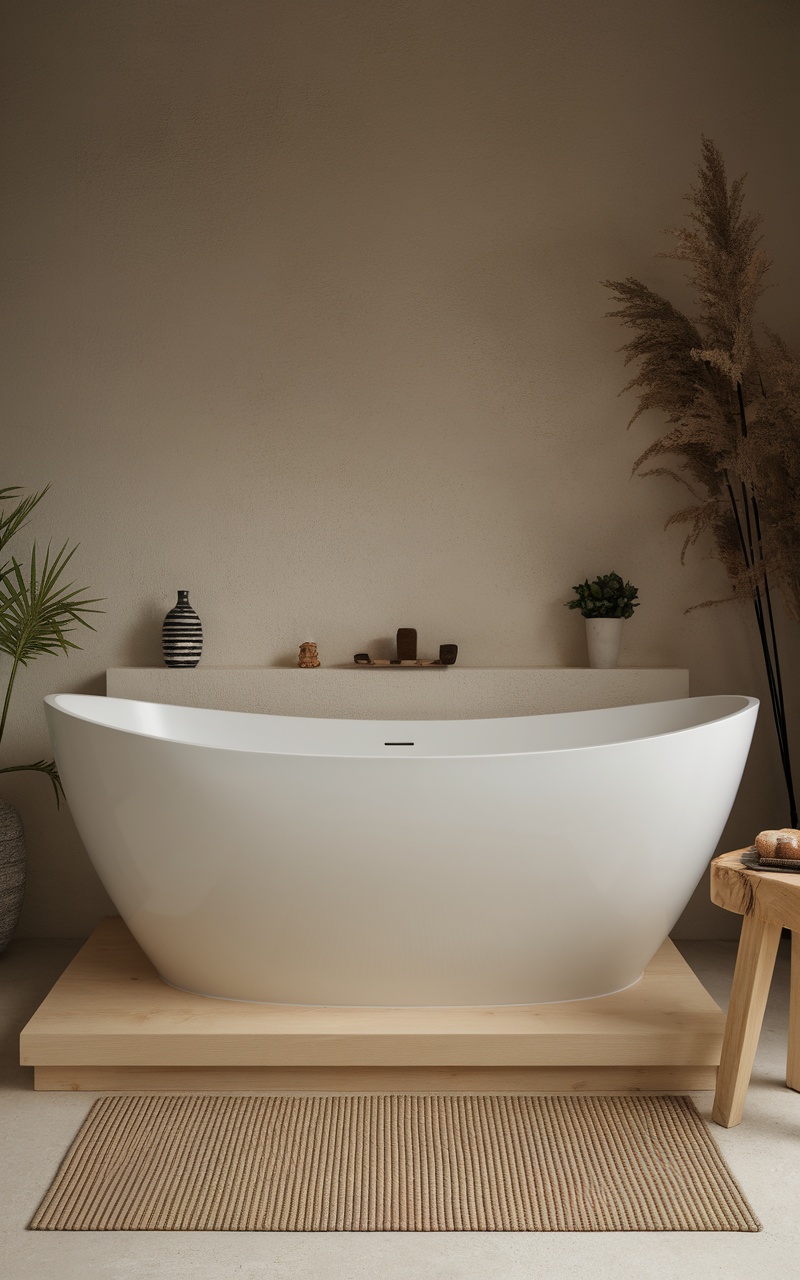 Compact freestanding white tub on a wooden platform in a small bathroom setting