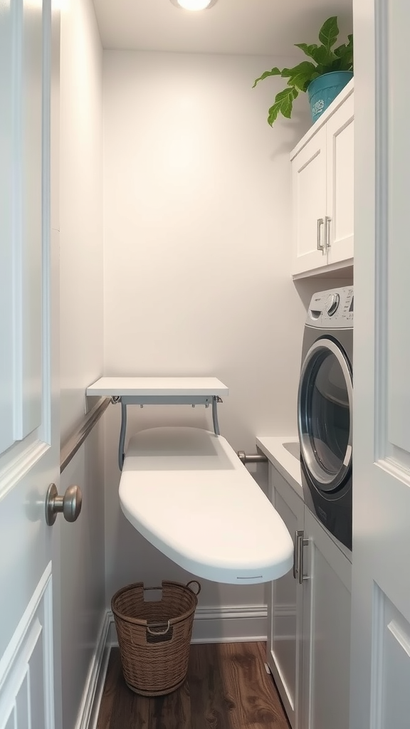 A compact ironing station in a small laundry room with a wall-mounted ironing board and laundry basket.