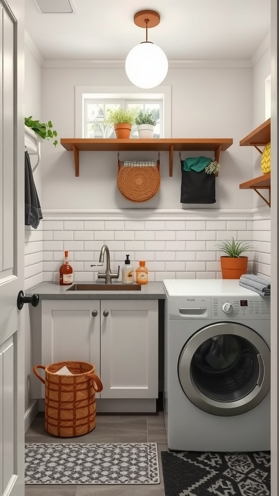 A stylish and compact laundry room with shelves, a sink, and a washing machine.