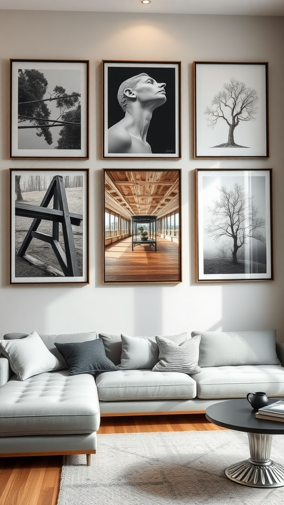 A stylish living room with contemporary artwork displayed on the wall above a comfortable sofa.