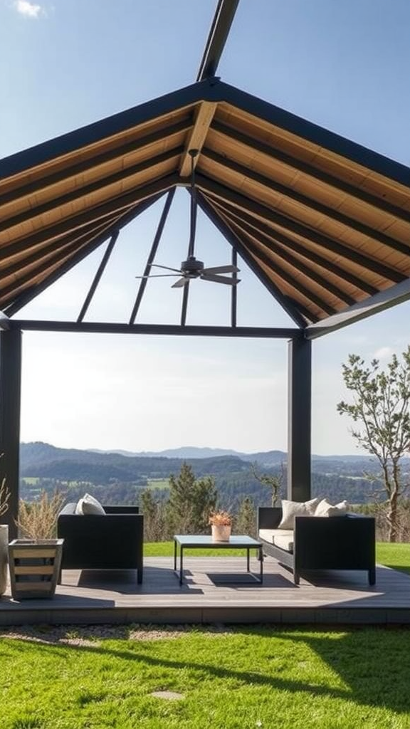 A contemporary gazebo with modern furniture and a scenic view.