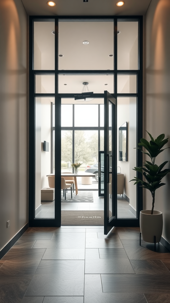 Contemporary glass door entrance leading to a bright interior space.