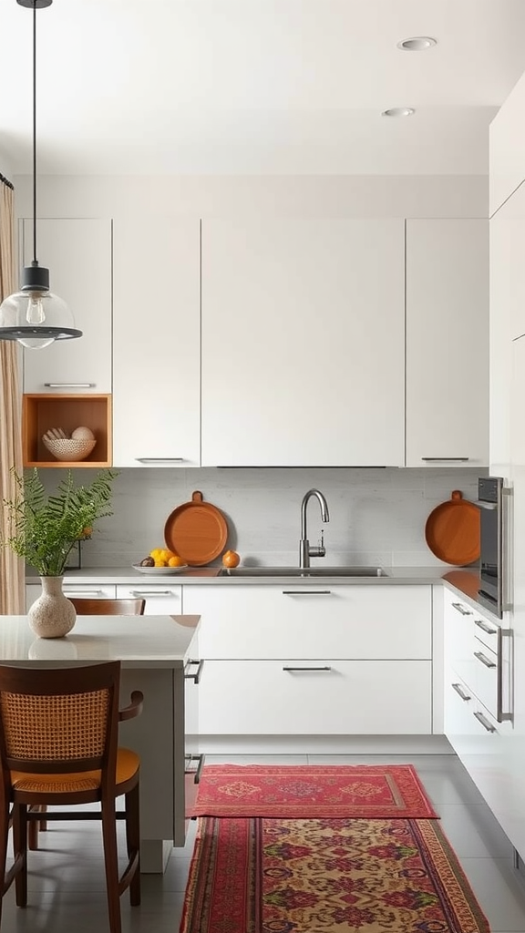 A modern kitchen featuring white laminate cabinets, a colorful rug, and a minimalist design.