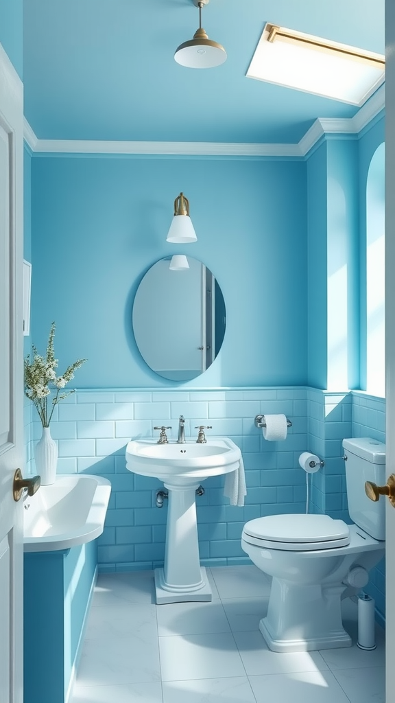 Bright and calming blue bathroom interior with white fixtures.