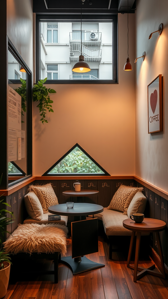 Cozy corner nook in a small coffee shop with warm lighting and comfortable seating.