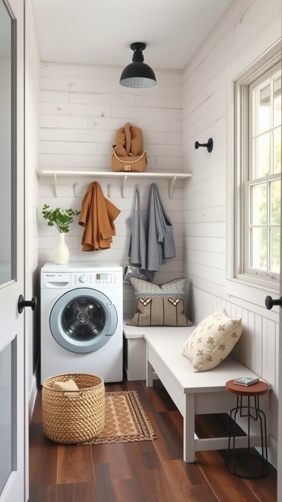 Cozy corner seating in a Mudroom Laundry Room with a bench, cushions, and a decorative basket.