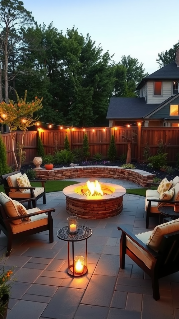 A cozy fire pit area with seating, surrounded by greenery and soft lights.