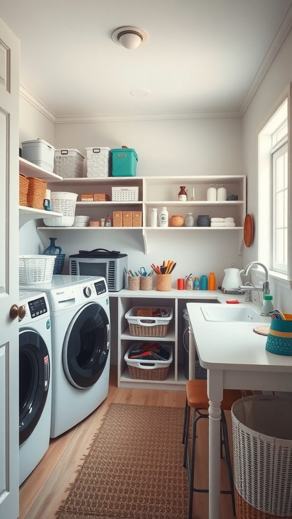 A bright, organized laundry room with shelves and a workspace for crafts.