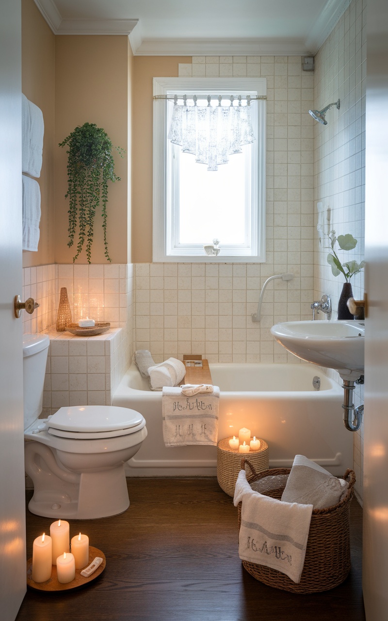 A small bathroom with candles, towels, and plants creating a spa-like atmosphere.