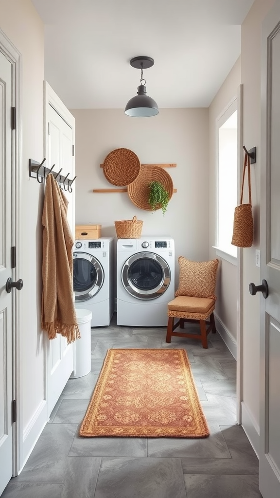 A modern small laundry room with a cozy atmosphere, featuring two washing machines, a rug, and decorative wall elements.