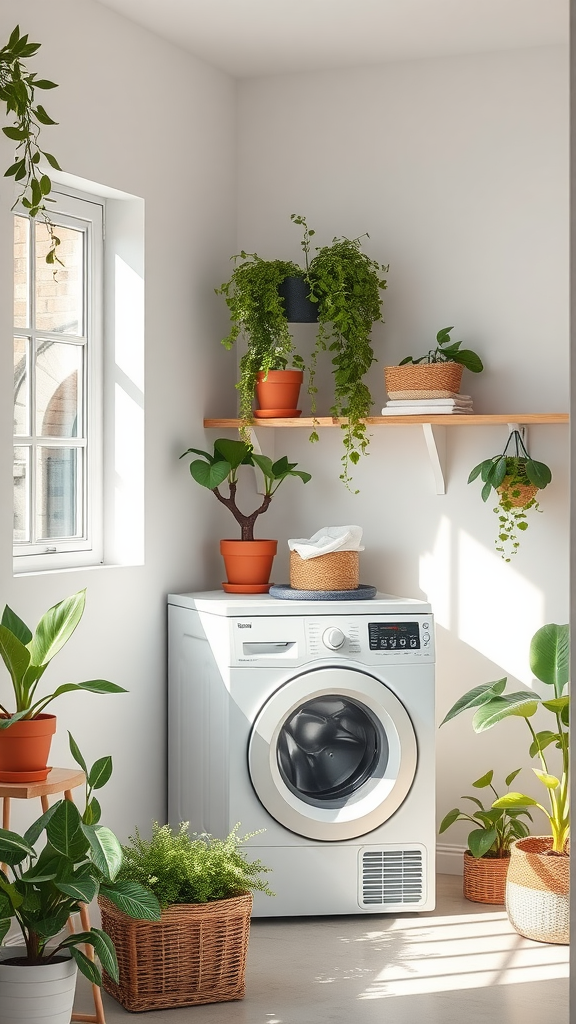 Bright and cozy laundry room with plants and a washing machine