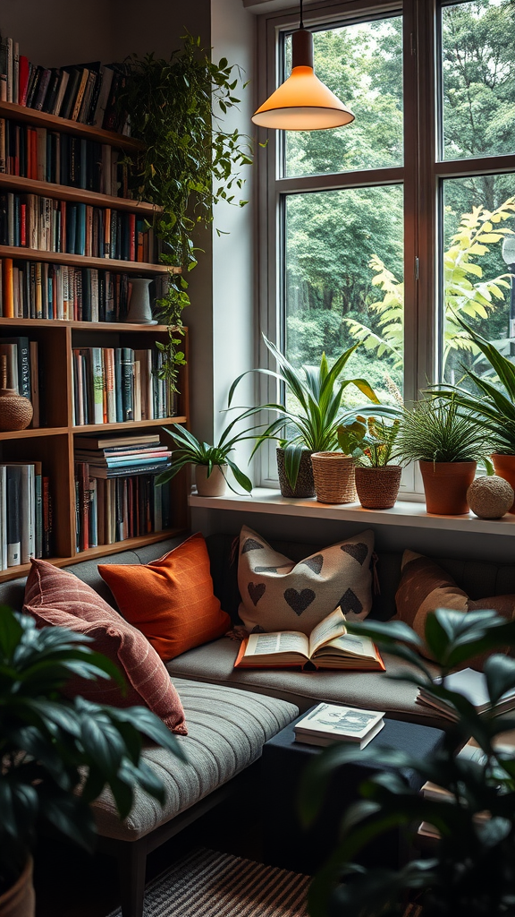 A cozy nook with a window, plants, and warm lighting.