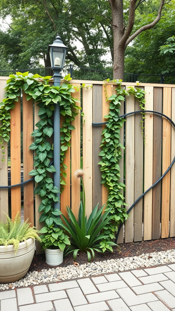 A wooden fence adorned with climbing plants and a lamp post in an outdoor setting.