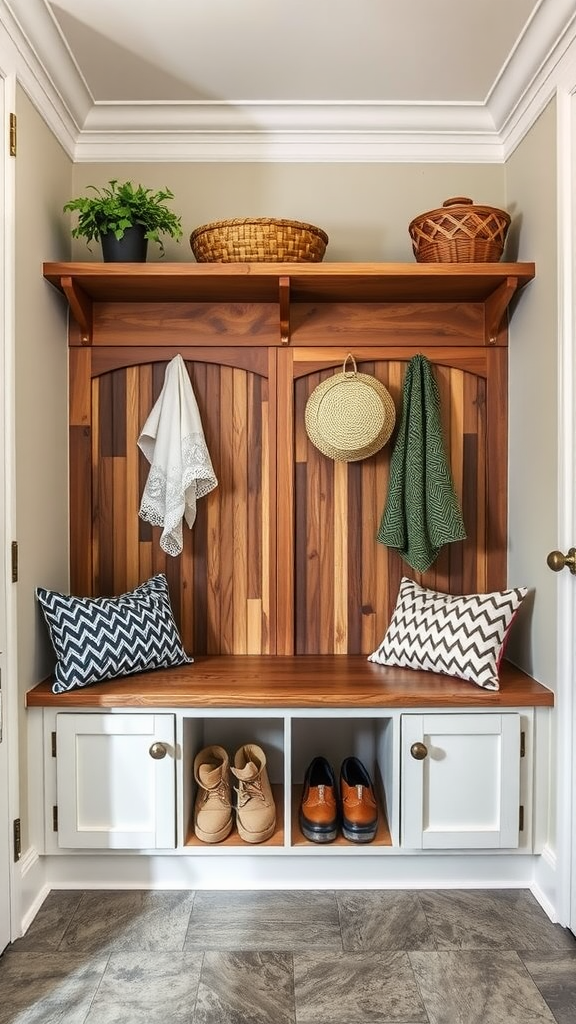 A cozy mudroom bench with wooden seating, decorative pillows, and storage space below.