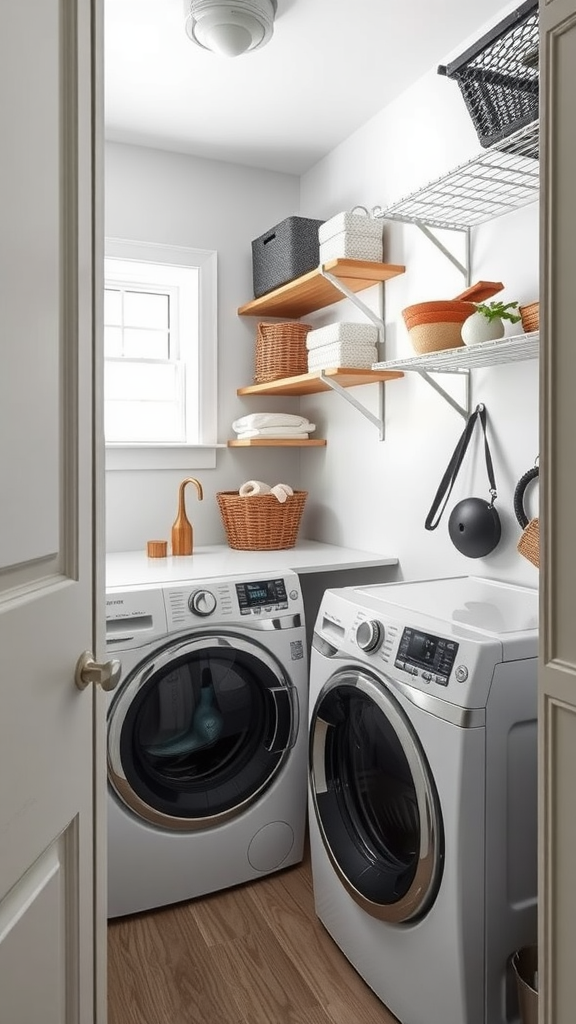 A small laundry room with stacked washer and dryer, shelves, and storage baskets.