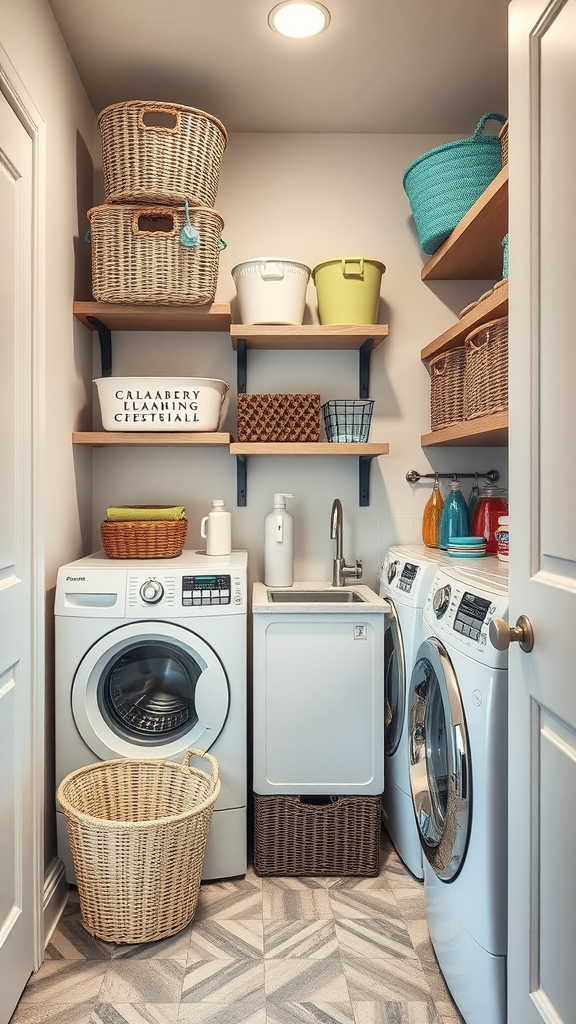 A compact laundry room with stacked baskets and organized shelves above washing machines.