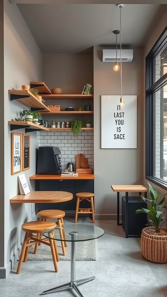 A small coffee shop with a cozy interior, featuring wooden shelves, a coffee machine, and a small table.