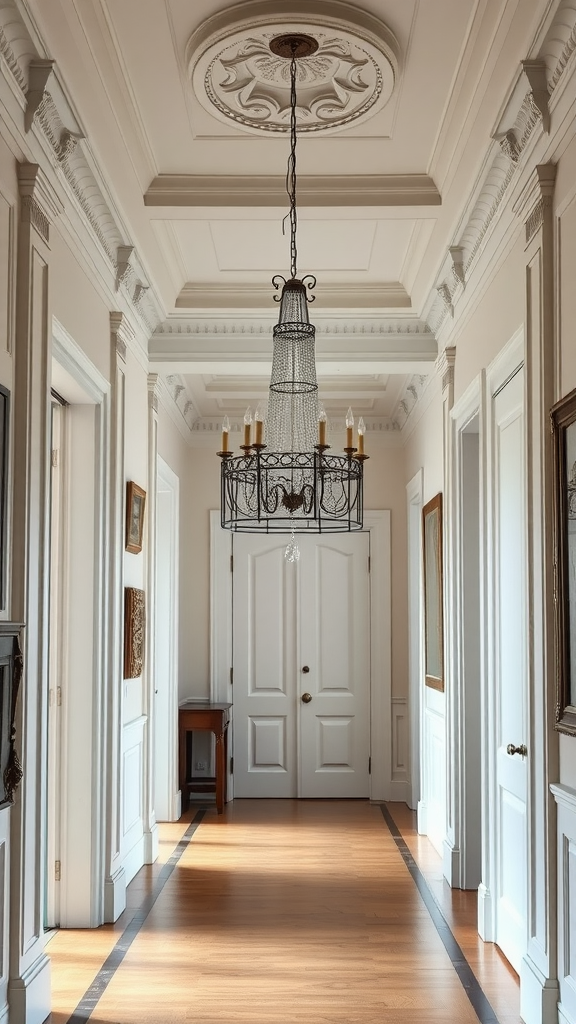 Interior hallway featuring elegant crown molding and chandelier