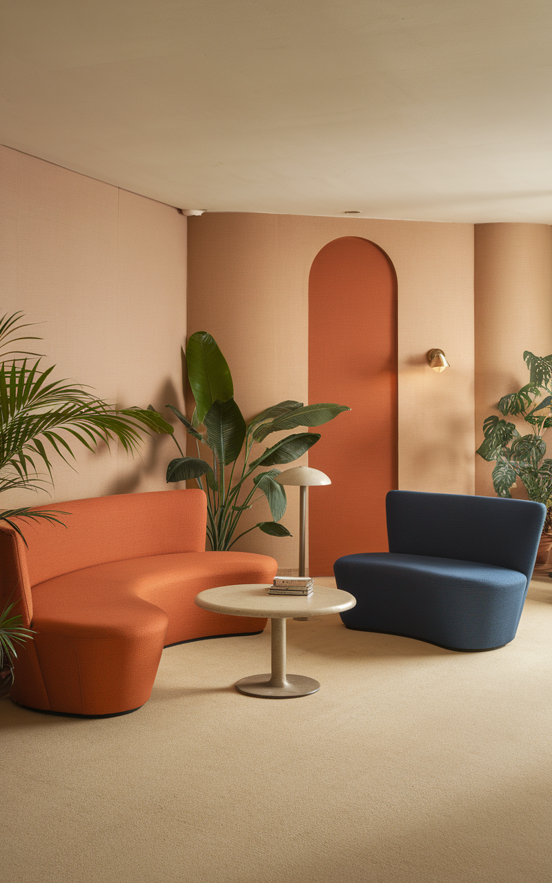 A cozy seating area featuring curved furniture in warm colors, surrounded by plants.