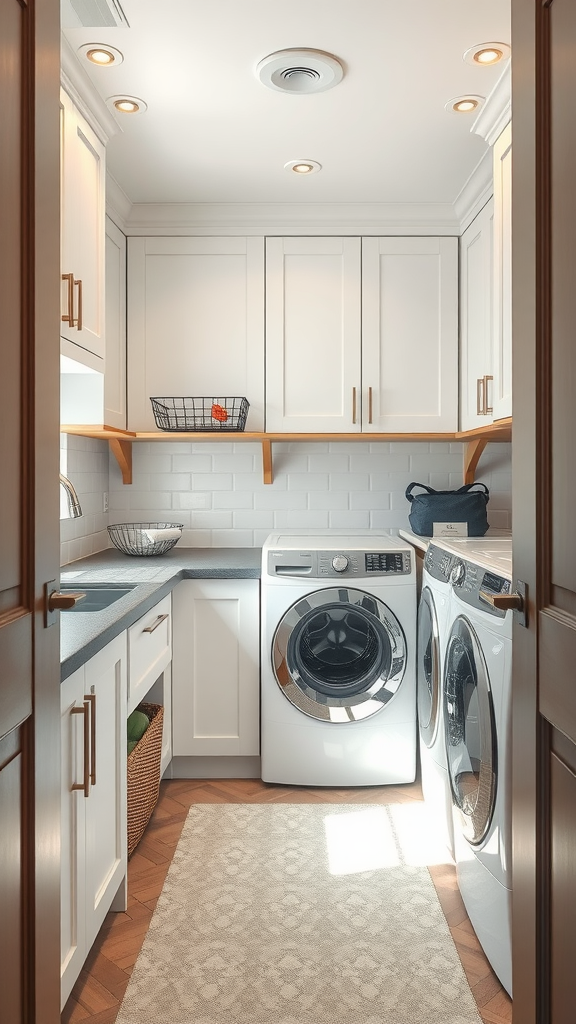 A bright and organized small laundry room with custom cabinets and modern appliances.