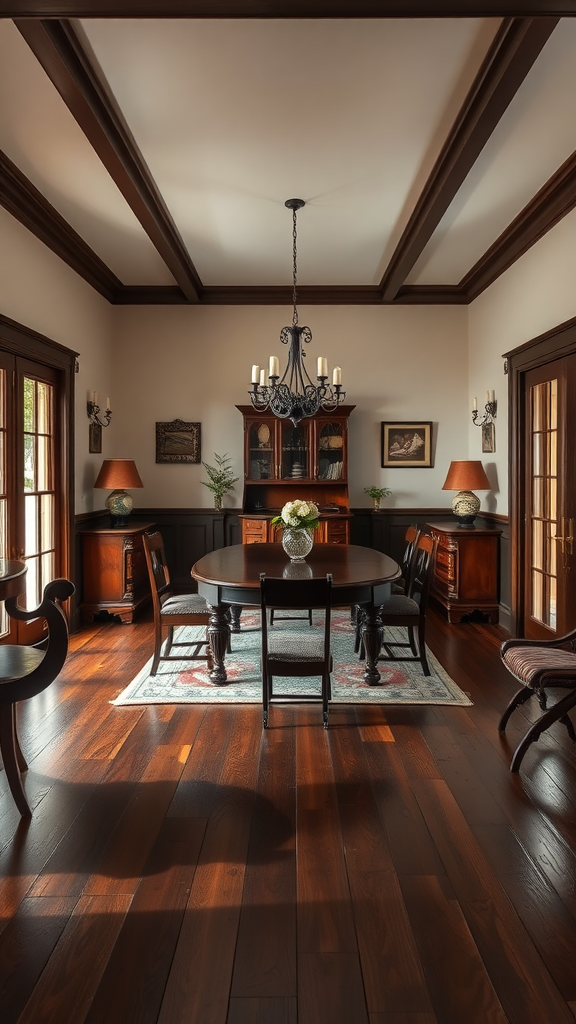 A cozy dining area featuring dark wood flooring, a round table, and traditional furnishings.