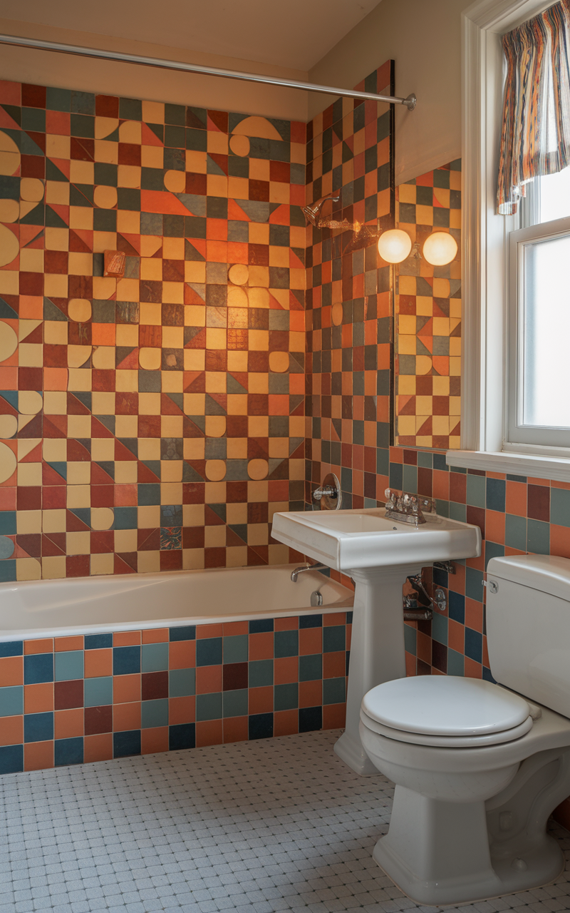 Bathroom with colorful decorative tiles in retro patterns.