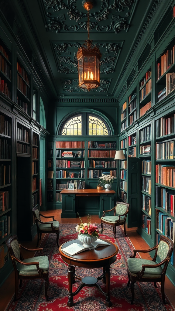 A cozy living room with dark green walls, bookshelves, vintage furniture, and elegant lighting.