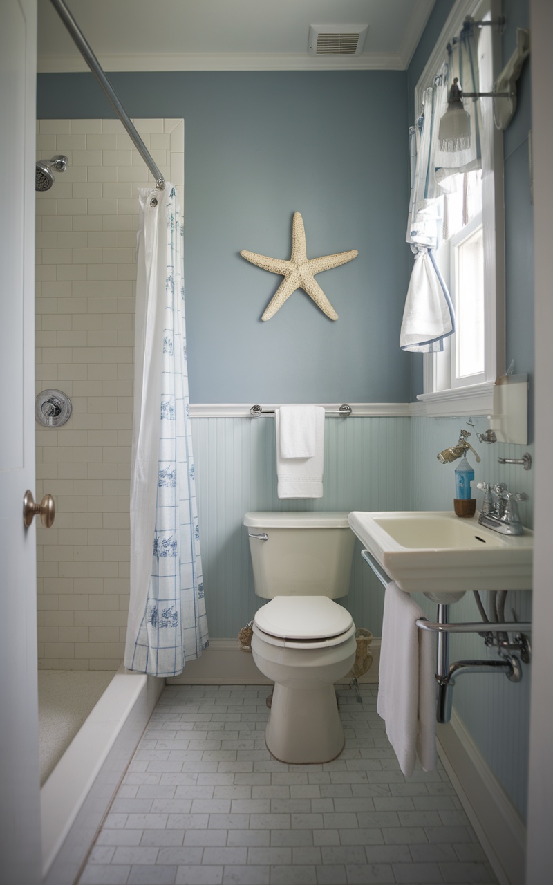 Coastal themed small bathroom with blue walls and starfish decoration.