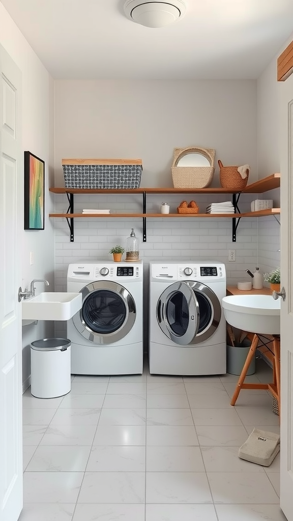 A stylish small laundry room with two washers, a utility sink, and wooden shelves decorated with baskets.