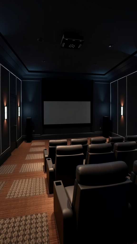 A home theater with black walls and cozy seating