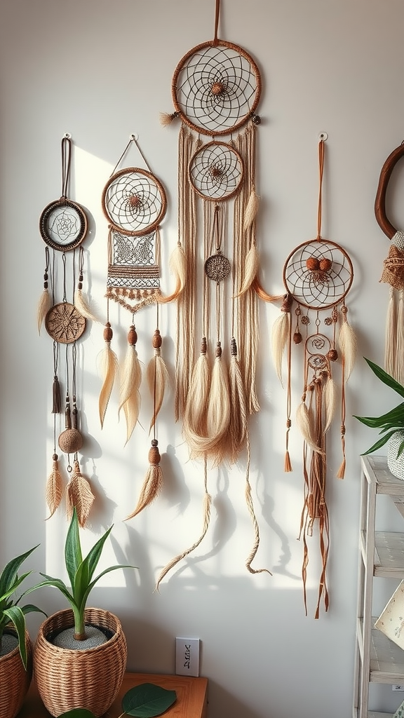 A collection of dreamcatchers hanging on a wall with earthy tones and decorative accents.