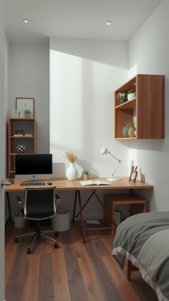 A compact home office featuring a small desk, chair, and a bed in a well-lit room.