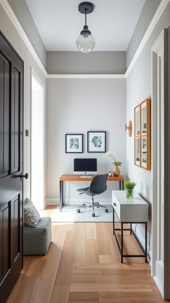 A modern entryway featuring a small home office setup with a desk, chair, and decor.