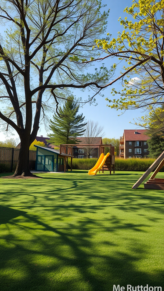 A vibrant outdoor play area featuring a slide and playhouse surrounded by lush green grass and trees.