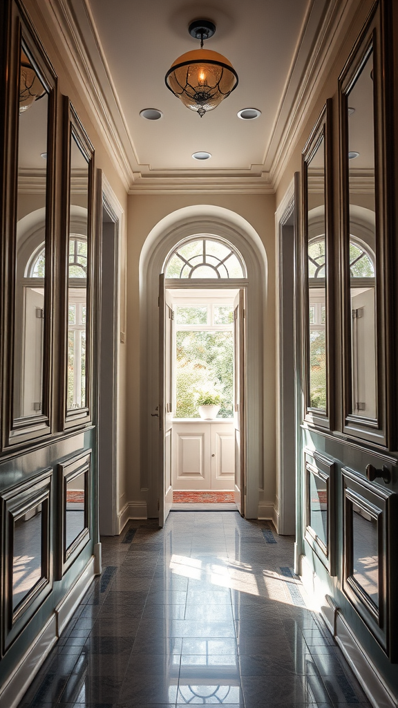 A bright and elegant entryway featuring large mirrors, stylish lighting, and a welcoming door.