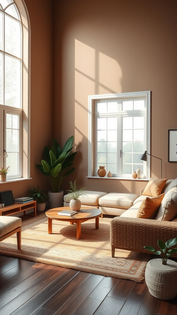 A cozy living room with earthy tones, featuring a large window, plants, and a round wooden coffee table.