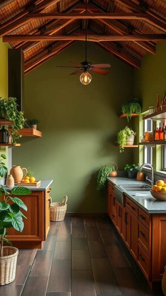 A stylish kitchen featuring earthy olive green walls and wooden accents.