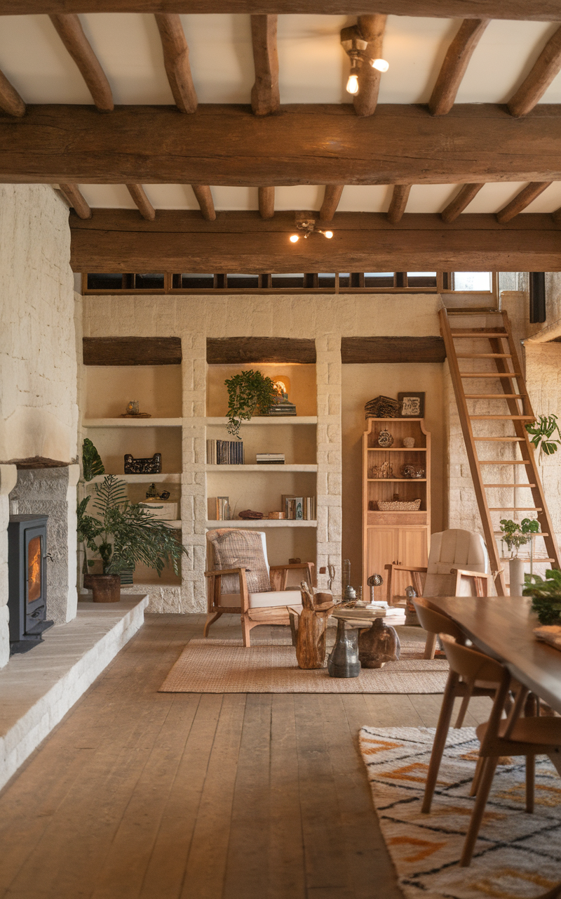 Cozy living room featuring earthy tones, natural materials, and lots of plants