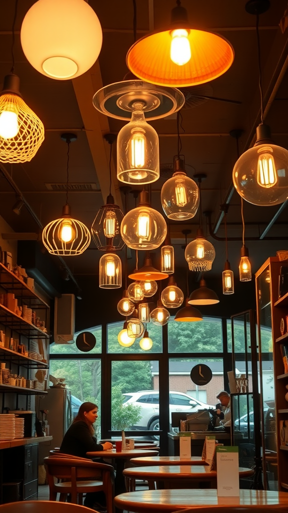 A cozy small coffee shop interior showcasing various eclectic lighting fixtures.