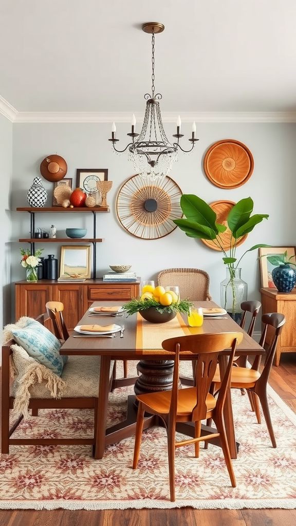 A beautifully decorated dining room featuring a wooden dining table, grey upholstered dining chairs, and various decorative elements.