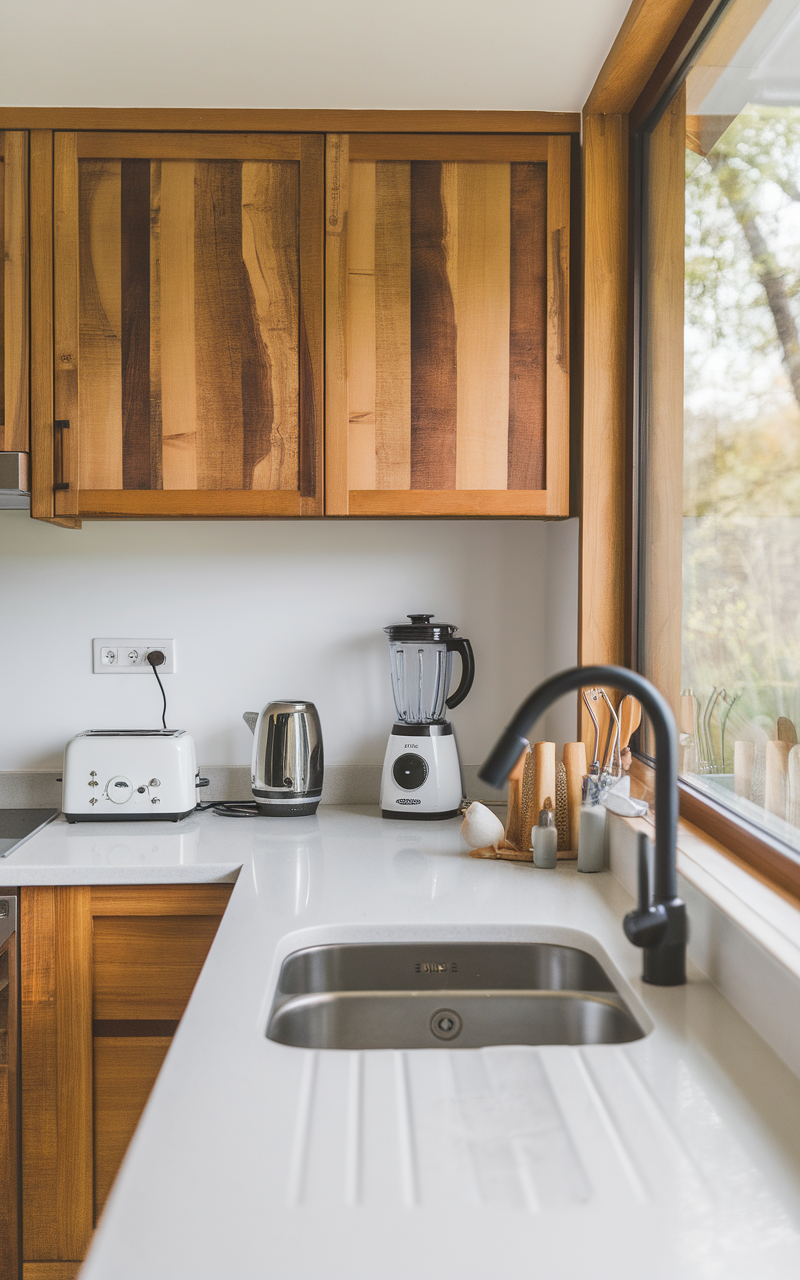 Cozy kitchen with wooden cabinets and modern appliances.