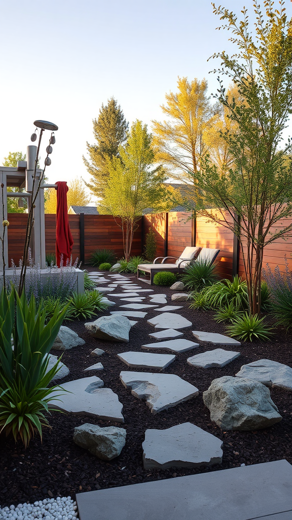 A beautifully landscaped outdoor area featuring stone pathways, greenery, and seating.