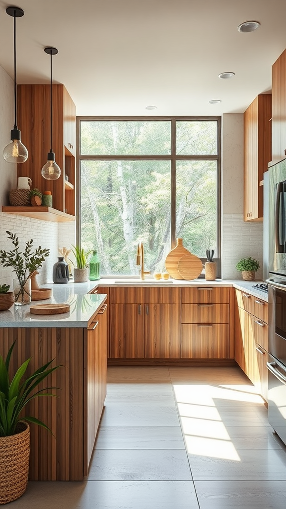 A modern kitchen featuring wooden cabinets and a large window overlooking greenery.